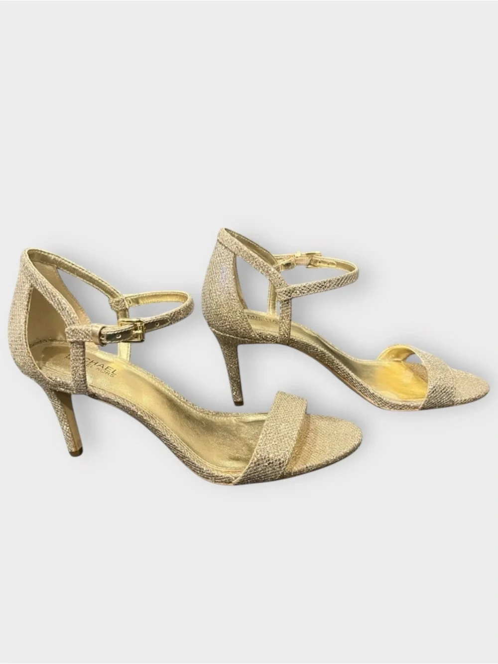 Michael Kors Gold Glitter Sandal Mid Heels Simone Ankle Strap | 6.5 Worn Once